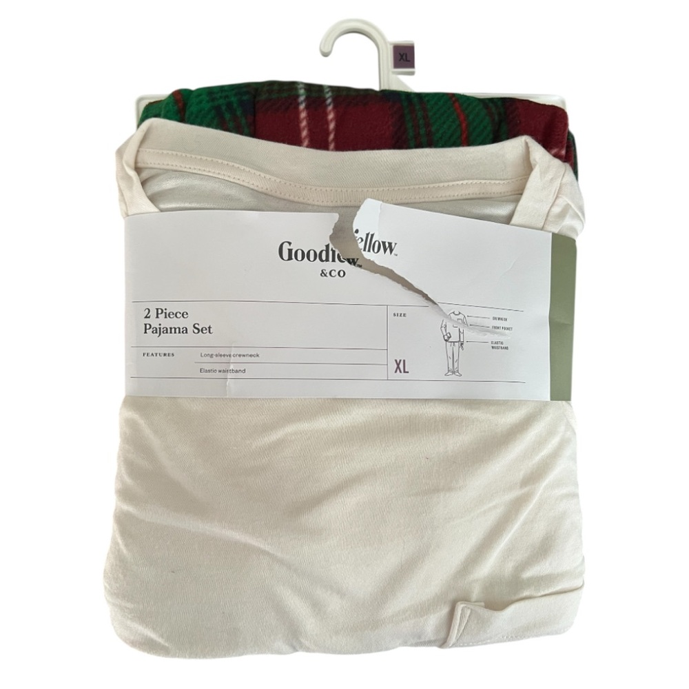 Goodfellow &‎ Co. Men's XL 2 Piece Pajama Set Fleece Green Plaid Off White Top